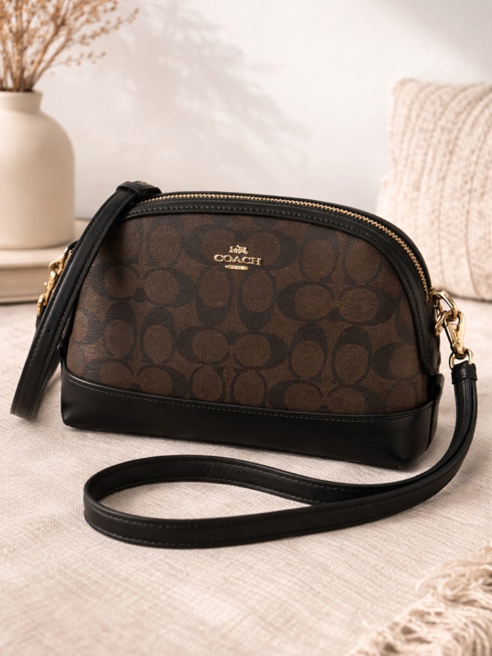 Coach Signature Dome Crossbody Bag Brown Black Leather Trim Gold Hardware